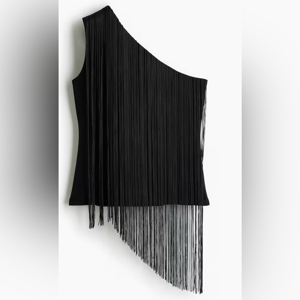 H&M Black One-Shoulder Front Fringe Top - Size S - NEW - Picture 3 of 10